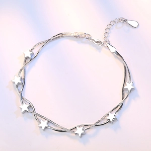 Silver double layer snake chain bracelet with seven 3D star charms and lobster clasp