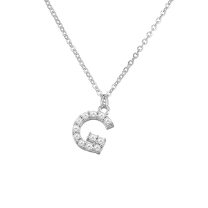 Detail of silver letter G pendant set with white pearls on a refined chain necklace
