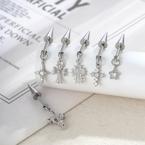 Star and cross cubic zirconia charms on stainless steel cartilage piercing jewelry