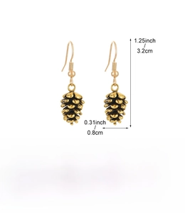 Detailed view of golden alloy pinecone earrings with size measurements and dimensions