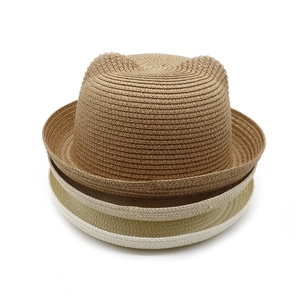Three-color woven straw hats with cute cat ears for summer sun protection and beach style
