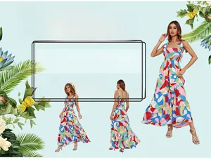 Detailed close-up of summer floral maxi dress with slim straps and pleated bust design