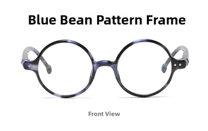 Front view of round retro glasses frame in blue tortoiseshell with metal rivets