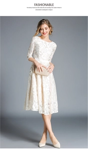Detailed view of the intricate white lace embroidery and hollow-out texture on the dress