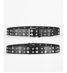 Detail of black punk PU belt with silver star studs and double grommet eyelets