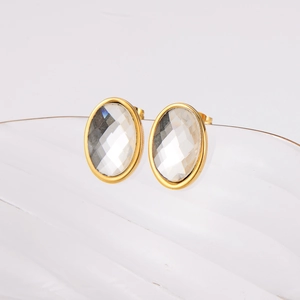Minimalist gold stainless steel earrings with oval faceted glass stone pendants