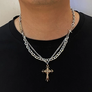 Collana multistrato in acciaio inossidabile argento con ciondolo a croce da uomo stile cubano