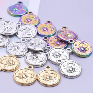 Solar and lunar engraved stainless steel pendants in gold, silver and rainbow plating