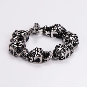 Punk style skull head link chain bracelet in antique silver finish for men