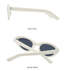 Detail view showing the side profile and back folding structure of white oval sunglasses