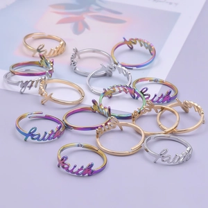 Minimalist 304 stainless steel adjustable open ring with faith lettering design