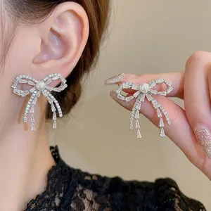 Bowknot Tassel Dangle Earrings With Faux Artificial Pearl And Zircon Inlay 925 Sterling Silver Earring Post Elegant Women Jewelry