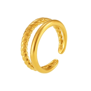 Adjustable 18k gold plated stainless steel double layer ring with twist rope texture