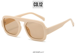 Detail view showing the 45-degree angle of retro cream square thick frame sunglasses