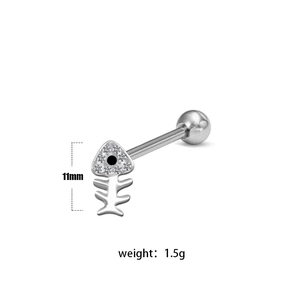 Detail of silver fish bone piercing jewelry with crystals measuring 11mm and 1.5g