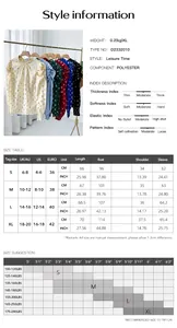 Detailed size chart and fabric specifications for long-sleeved crewneck polyester shirt