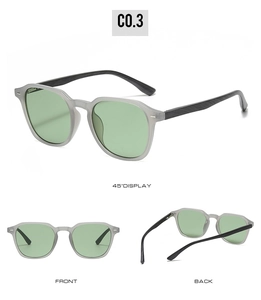 Vue triple de lunettes de soleil vintage avec verres verts et branches effet bois chic