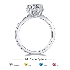 Halo style moissanite sterling silver ring available in white, golden, blue, and pink colors