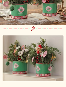 Close-up of mini Christmas tree bucket with red berries, pine branches and bear decor