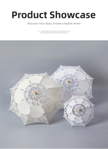 Three-piece set of white lace parasols with wooden handles in various sizes for weddings