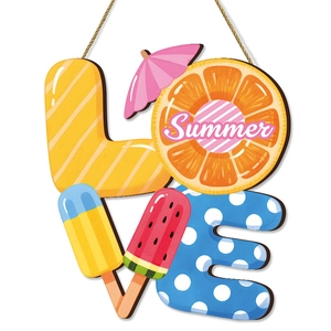 Hängeschild aus Holz mit LOVE-Schriftzug und Sommer-Eiscreme-Motiven zur Dekoration