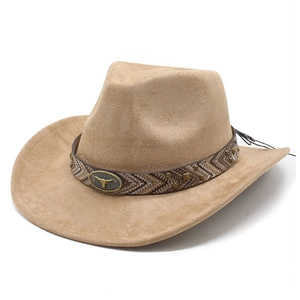 Khaki suede western cowboy hat with woven band and bull head metal buckle accessory