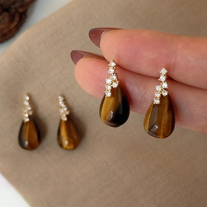 Tiger eye teardrop earrings with gold plating and zircon accents for women's jewelry