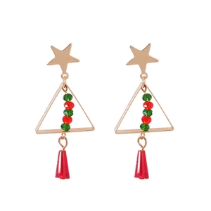 Christmas tree earrings with gold star and red green beads on a clean white background