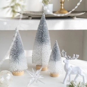 Mini Flocked Christmas Tree With Wooden Base Champagne Silver Snowy Bottle Brush Tree For Desktop Decor Xmas Party