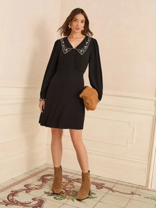 Women Mini Dress French Vintage Black Floral Embroidery V Neck Long Lantern Sleeve High Waist Elegant Party Dresses