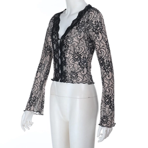 Detailed close-up of intricate lace embroidery and V-neckline on a black long-sleeve top