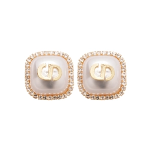 Square stud earrings with pearl finish, CD logo and crystal pave border in gold tone