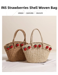 Detailed macro view of handmade strawberry straw bags in beige and coffee colors