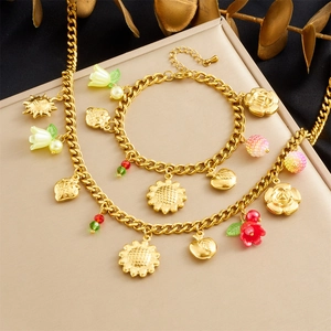 Collier Et Bracelet En Acier Inoxydable Plaqué Or Avec Breloques Tournesol Fraise Pomme Fleur Bijoux De Mode Pour Femmes