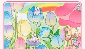 Dettaglio di adesivi con coniglietto carino, tulipani colorati e motivi arcobaleno