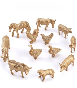 Detailed set of 12 golden miniature farm animal models with realistic textures