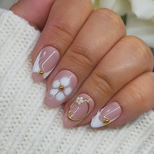 Elegant Nude Pink Almond Press On Nails With White Flower Gold Beads French Style Glossy Artificial Fingernails