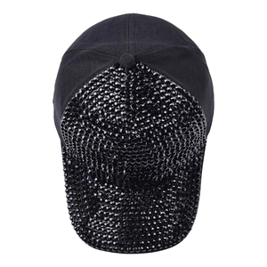 Fashionable black baseball cap with sparkling rhinestones and sequin details on the brim