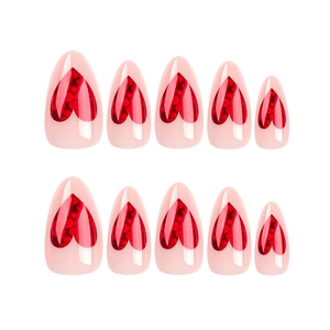 Pink almond press-on nails with red glitter hearts and high-gloss finish, 10pcs set
