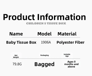 Specifications of polyester baby tissue box toy 1906A with 79.8g net weight