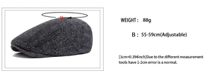 Detail view of herringbone flat cap showing 88g weight and 55-59cm adjustable size
