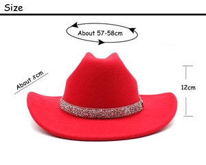 Detailed size specifications for a red felt fedora hat with a rhinestone trim band
