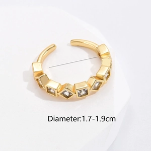 Detailed view of gold plated adjustable ring with square zircons and size dimensions