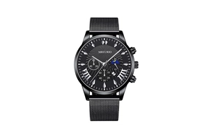 Detailed macro view of the black multifunctional watch dial with Milanese mesh strap