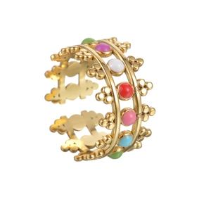 Chic gold-plated adjustable ring featuring vibrant multi-color enamel circular patterns