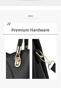 Détail des accessoires dorés et du cuir noir grainé litchi sur le sac à main de luxe