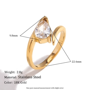 18K gold plated stainless steel wing ring with water drop zircon and size specs