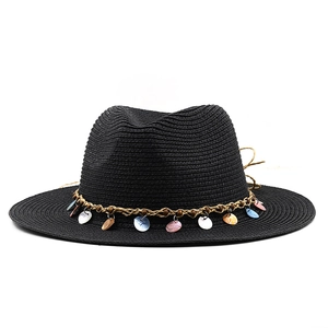 Black straw fedora sun hat with bohemian beaded band and colorful shell pendants