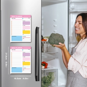 Magnetic daily planner notepad for fridge measuring 8.6x6.5 inches with functional layout