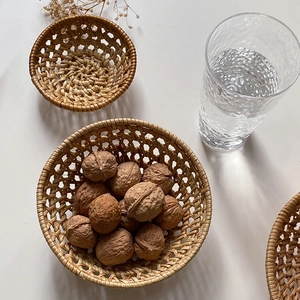 Natural woven rattan storage baskets for desktop fruit and household organizing